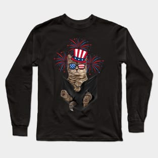 Cute Cat Kitten American Flag Happy 4th Of July Men Women Long Sleeve T-Shirt